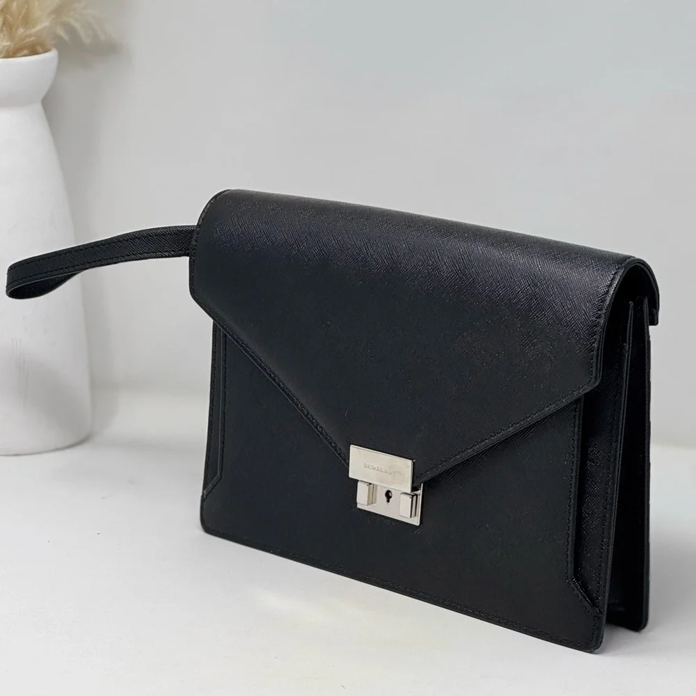 💯Authentic Autre Marque BURBERRY Black Leather Clutch Bag
